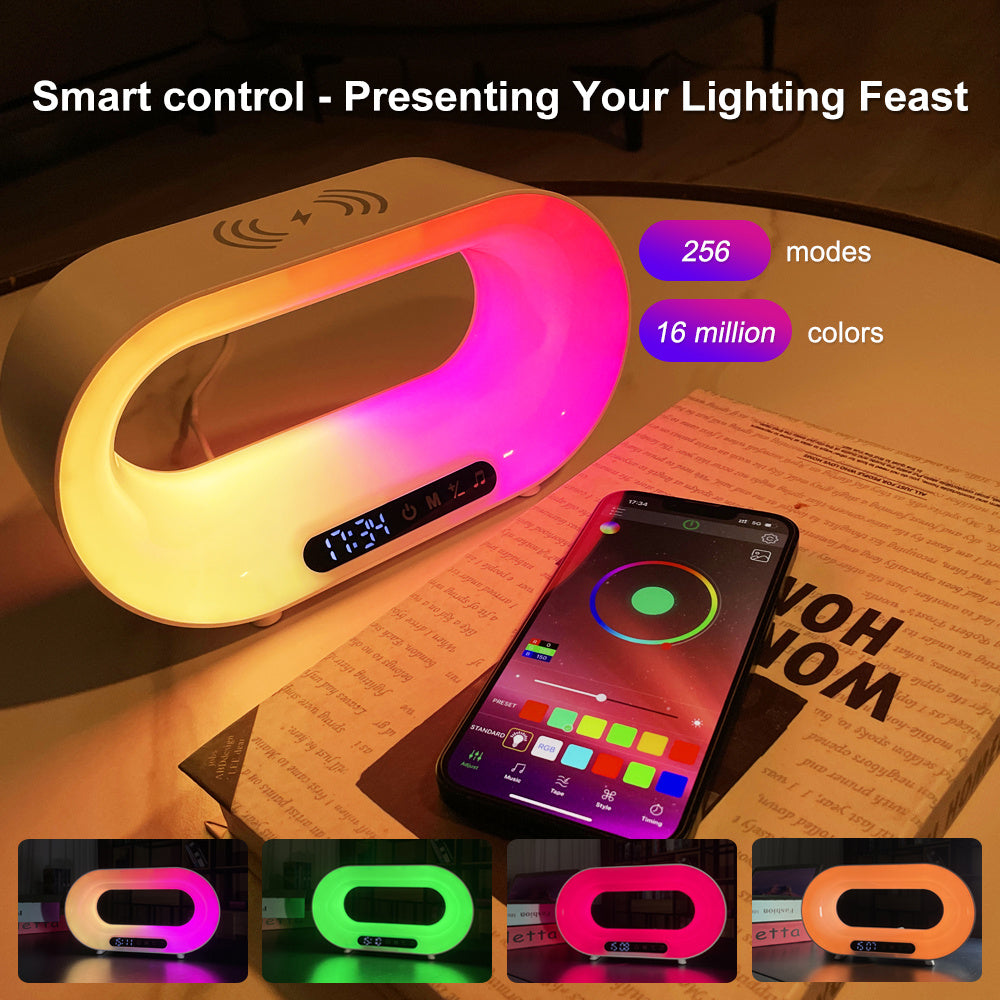 Multi-function 3 In 1 LED Night Light APP Control RGB Atmosphere Desk Lamp Smart Multifunctional Wireless Charger Alarm Clock - Tekskmarket